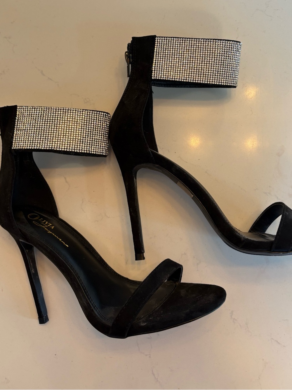 Olivia Jaymes Black Suede Rhinestone Cuff Stiletto Heels | Size 8.5
